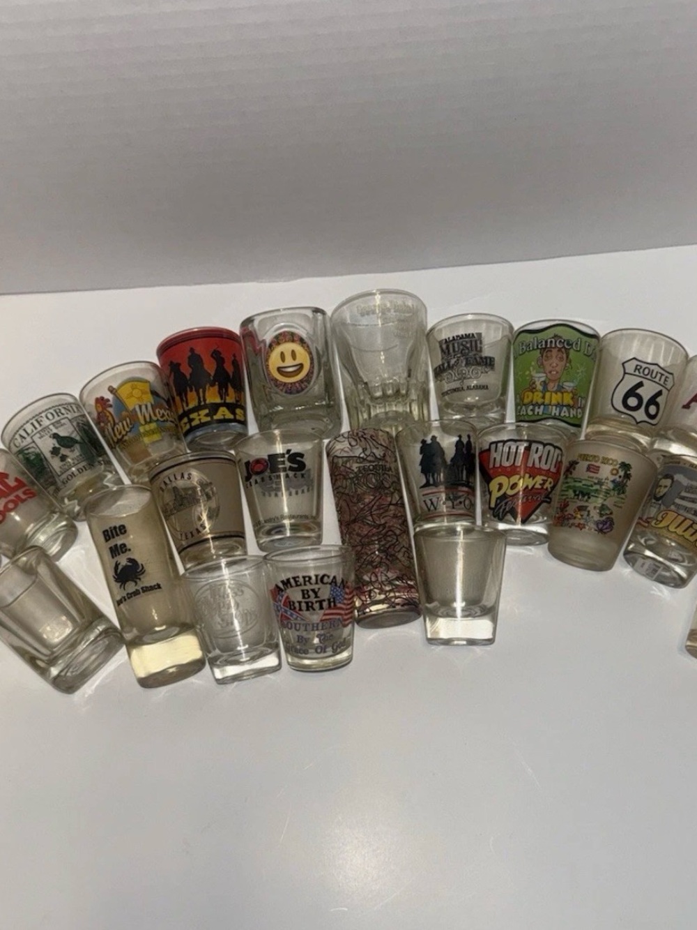 Shot Glass Lot of 26 Souvenir Novelty Route 66 Texas California Barware AS IS